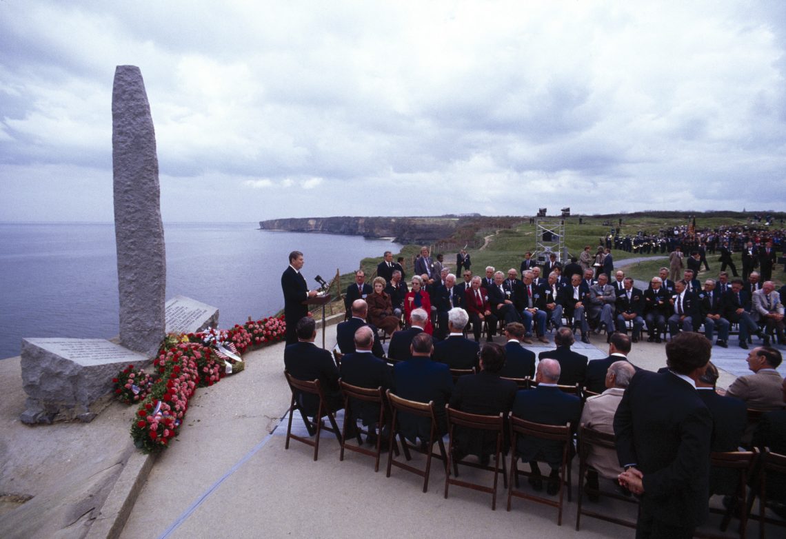 U.S. President Ronald Reagan speaking on June 6, 1984 at Pointe du Hoc, France at the 40th Anniversary of the D-Day Invasion. 