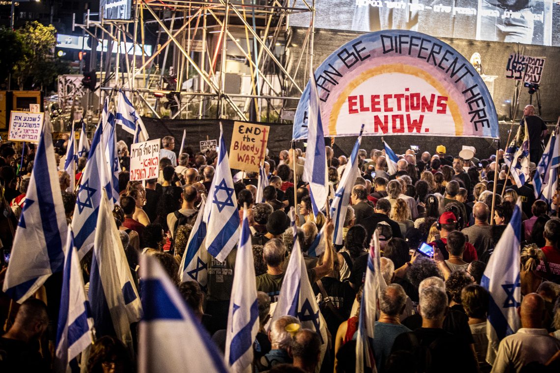 Israeli protestors demonstrate in Tel Aviv in June 2024 calling for the release of hostages held by Hamas in Gaza, an end to the war and fresh elections.
