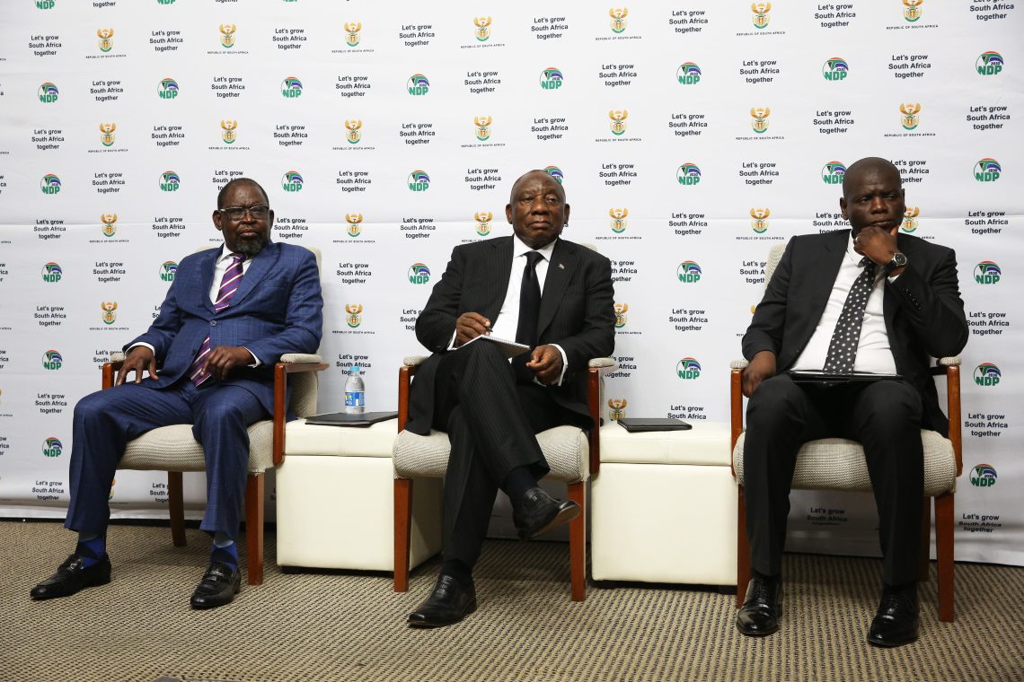 Enoch Godongwana (left), South Africa’s finance minister, the country’s president, Cyril Ramaphosa (center) and Ronald Lamola, international relations minister, during a news conference on the G20 presidency in Cape Town.