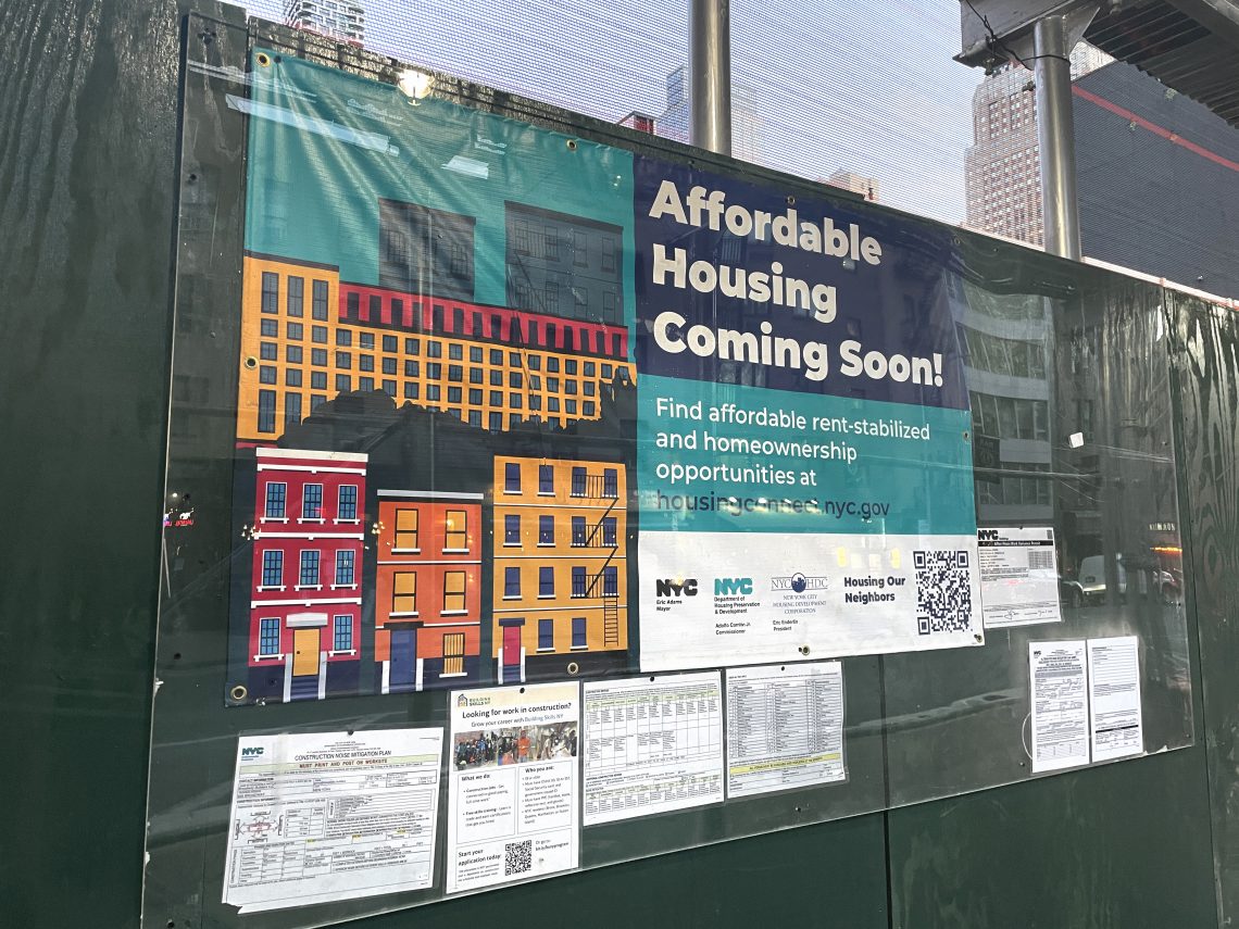 An affordable housing development under construction in New York City. Applicants must meet specific income criteria to qualify for an apartment.
