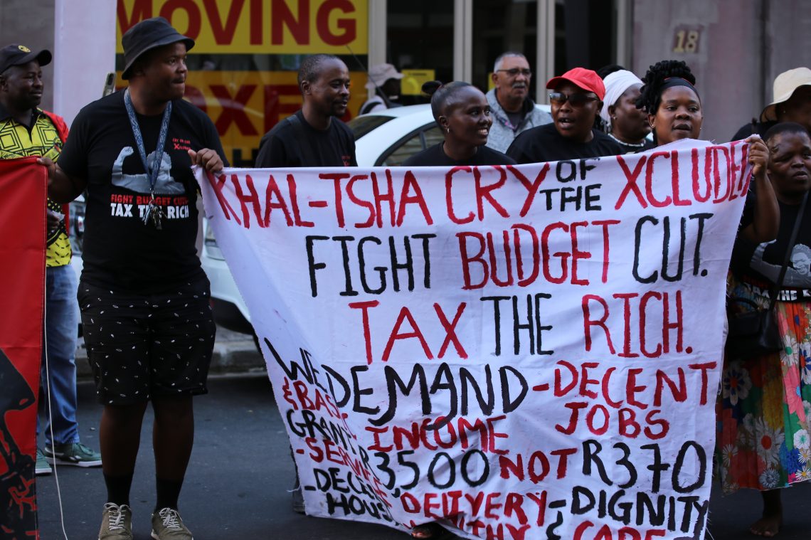March 12, 2025: People Against Budget Cuts, a coalition of civil society groups and trade unions, protest outside Parliament in Cape Town ahead of the national budget speech. The group has opposed hikes in value-added taxes and called for an end to austerity measures.