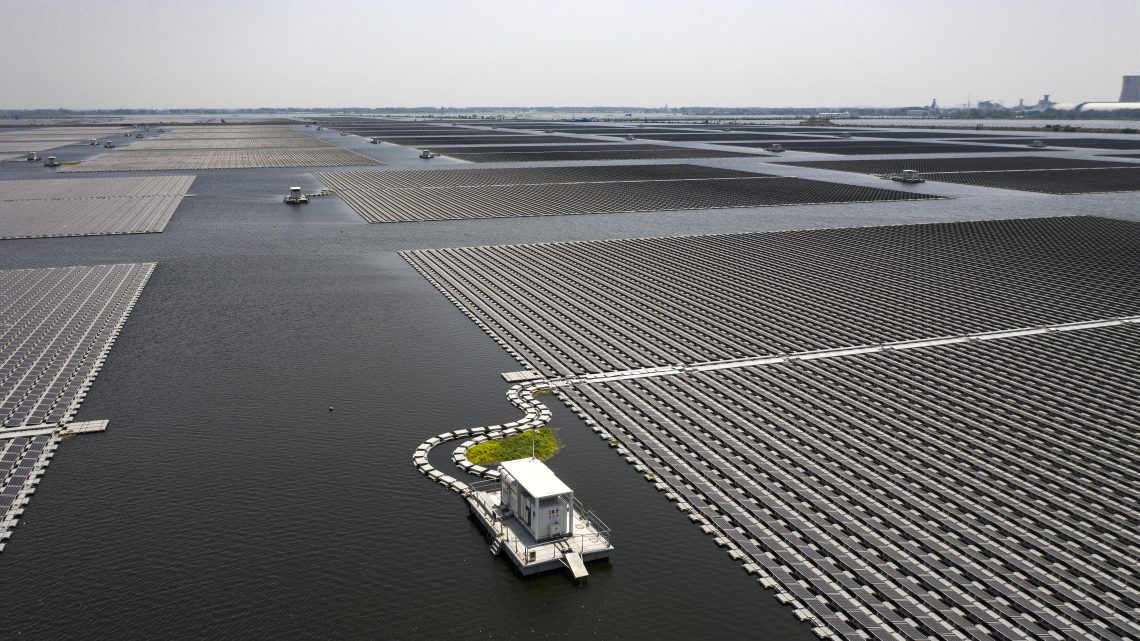 A floating solar farm of Sungrow Power Supply Co., built on the site of a former coal mine, since filled with water, in Huainan, China, in May 2023.