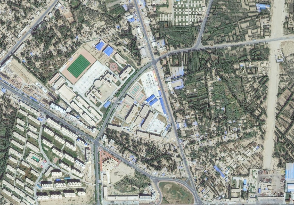 Satellite imagery of a reeducation internment camp in Xinjiang, China, for indoctrinating Uighurs.