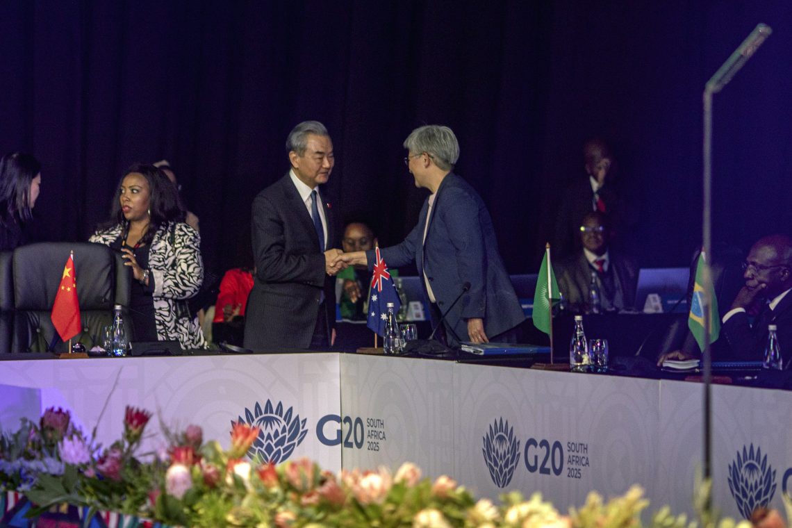 Feb. 20: Wang Yi (left), the foreign minister of China, greets Penny Wong, Australian minister for foreign affairs, at the G20 Foreign Minister’s Meeting in Johannesburg, South Africa. During her meeting, Ms. Wong stated she clearly communicated to her Chinese counterpart that the conduct of the live-fire drills “did not meet our expectations and was of deep concern.” 