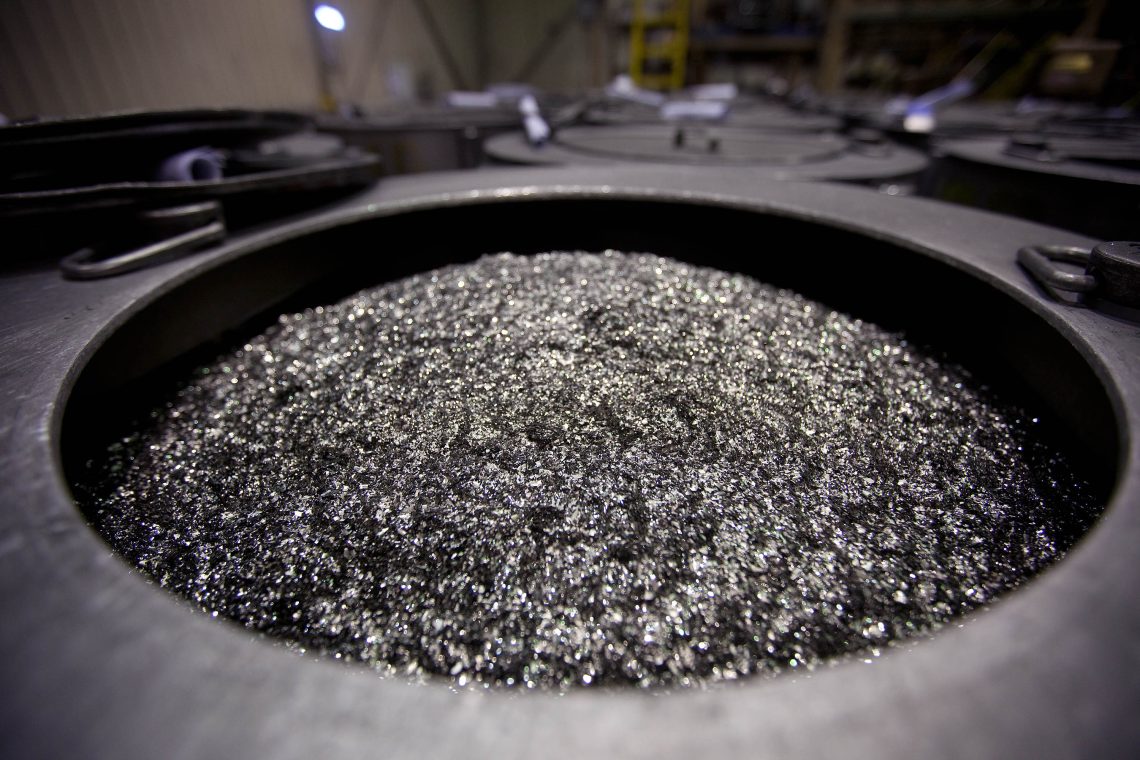 Annealed neodymium iron boron magnets in a vessel prior to being crushed into powder in Tianjin, China. 