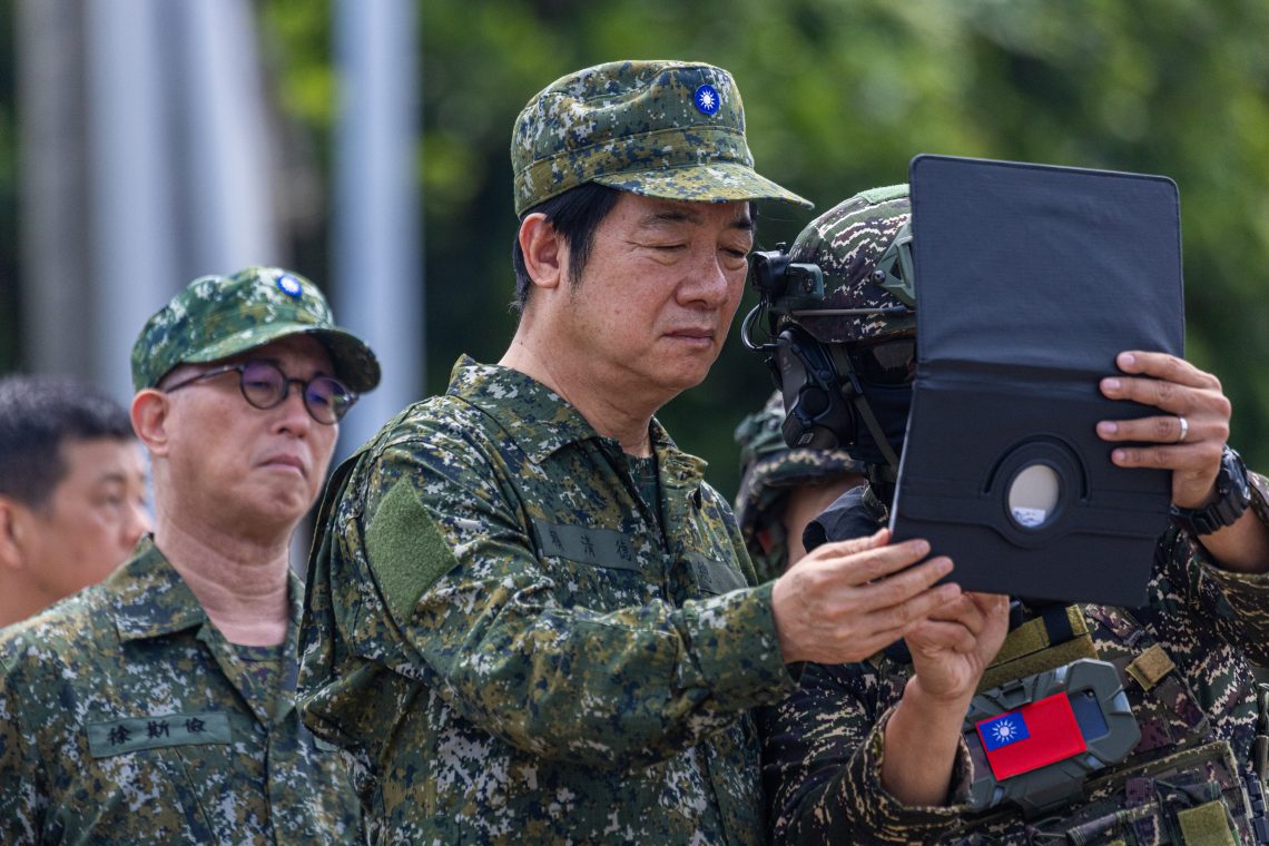 Taiwan’s President Lai Ching-te inspects the Han Kuang 41 exercise, a naval defensive mine-laying drill in Kaohsiung, Taiwan. The annual Han Kuang military exercise began in July as the island increases its preparations against a potential invasion by China.