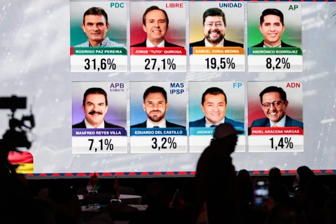 La Paz, Bolivia, Aug. 17: A screen displays the initial results of the Bolivian presidential election.