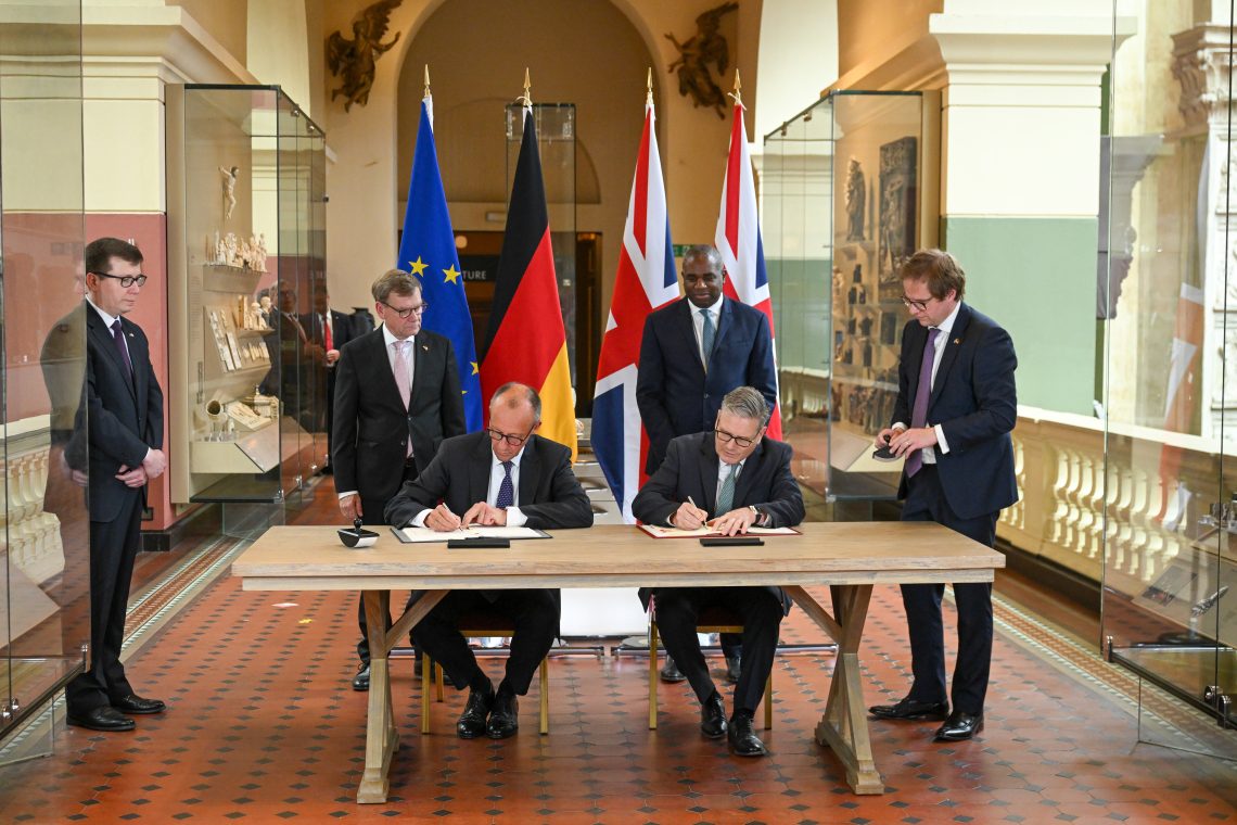 July 17: German Chancellor Friedrich Merz (seated left) and UK Prime Minister Keir Starmer (seated right) with their foreign ministers during the signing of the Anglo-German Treaty on Friendship and Bilateral Cooperation at the Victoria and Albert Museum in London, UK.