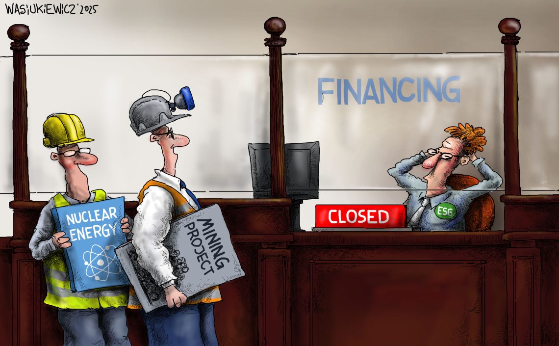 Two workmen with plans for mining and nuclear energy projects stand at a bank window labeled “financing,” but the sign says “Closed.”