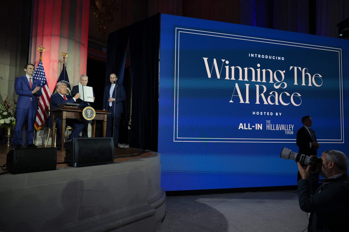 The current administration in Washington, like other governments worldwide, is committed to “winning the AI race.” President Donald Trump shown after signing executive orders related to his Artificial Intelligence Action Plan on July 23, 2025, in Washington, D.C. 