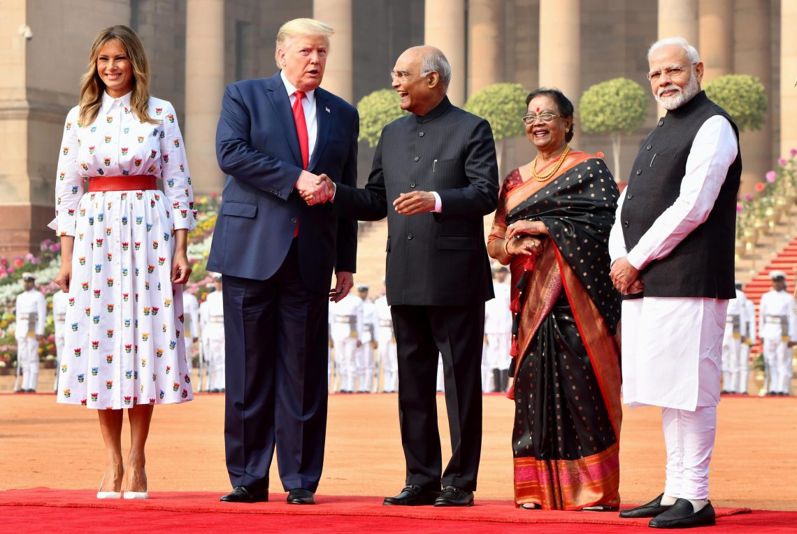 Feb. 25, 2020: U.S. President Donald Trump (second from the left), First Lady Melania Trump (left), Indian Prime Minister Narendra Modi (right), former President Ram Nath Kovind (center) and his wife Savita Kovind (second from the right) at the Presidential House in New Delhi, India.