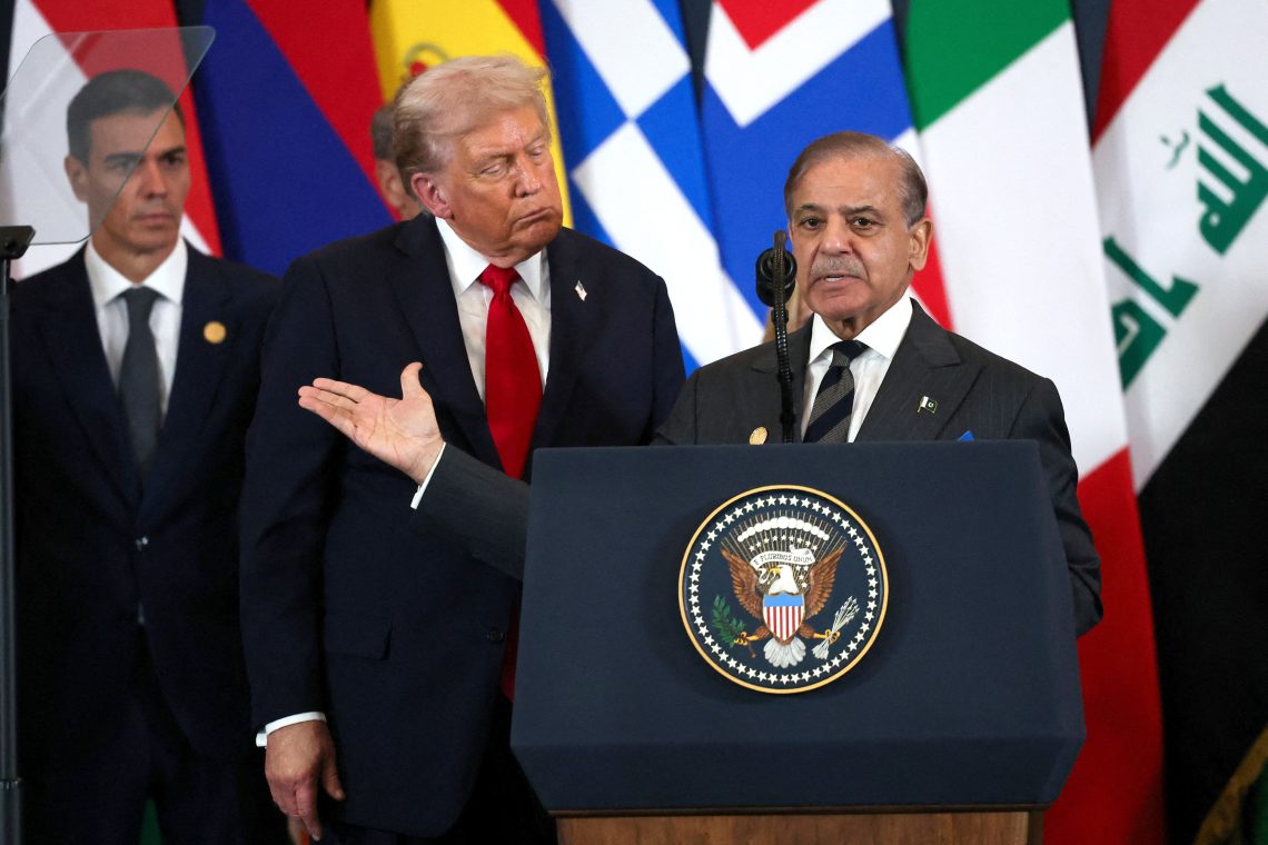 Oct. 13, Sharm El-Sheikh, Egypt: Pakistani Prime Minister Shehbaz Sharif speaks next to U.S. President Donald Trump during a summit of world leaders focused on ending the Gaza war.