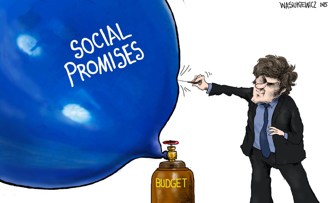 Argentina’s President Javier Milei bursts a “Social Promises” balloon.