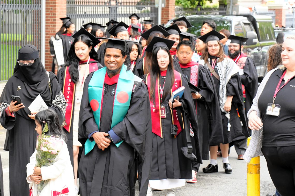 May 29, 2025: Graduates heading to the commencement ceremony at Harvard University in Massachusetts, United States.