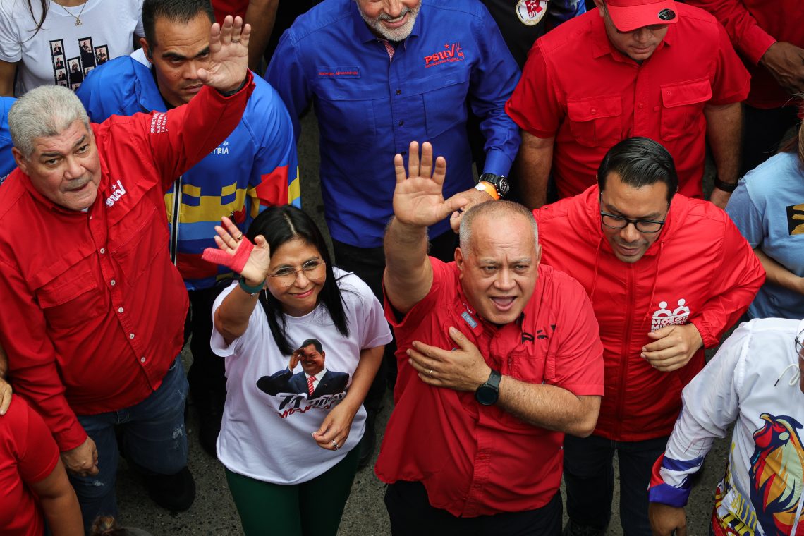 July 28, Caracas, Venezuela: Vice President Delcy Rodriguez (left) of Venezuela during the commemoration of the 71st anniversary of the birth of late former president of Venezuela, Hugo Chavez.