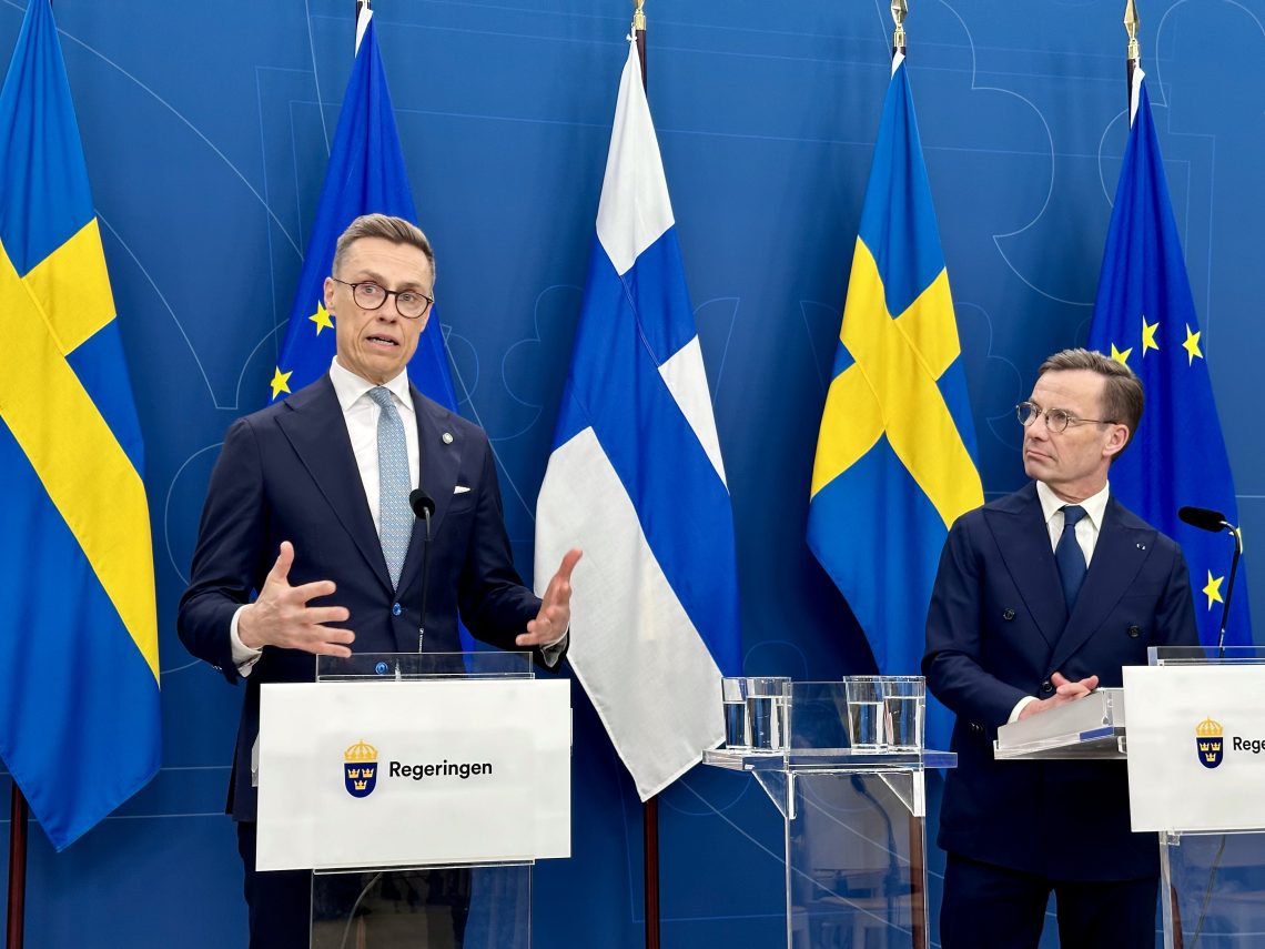 April 23, 2024: President of Finland Alexander Stubb (left) speaking alongside Swedish Prime Minister Ulf Kristersson (right) at a joint press conference in Stockholm, Sweden. The two countries are NATO’s newest members, bringing major strategics gains to the alliance.