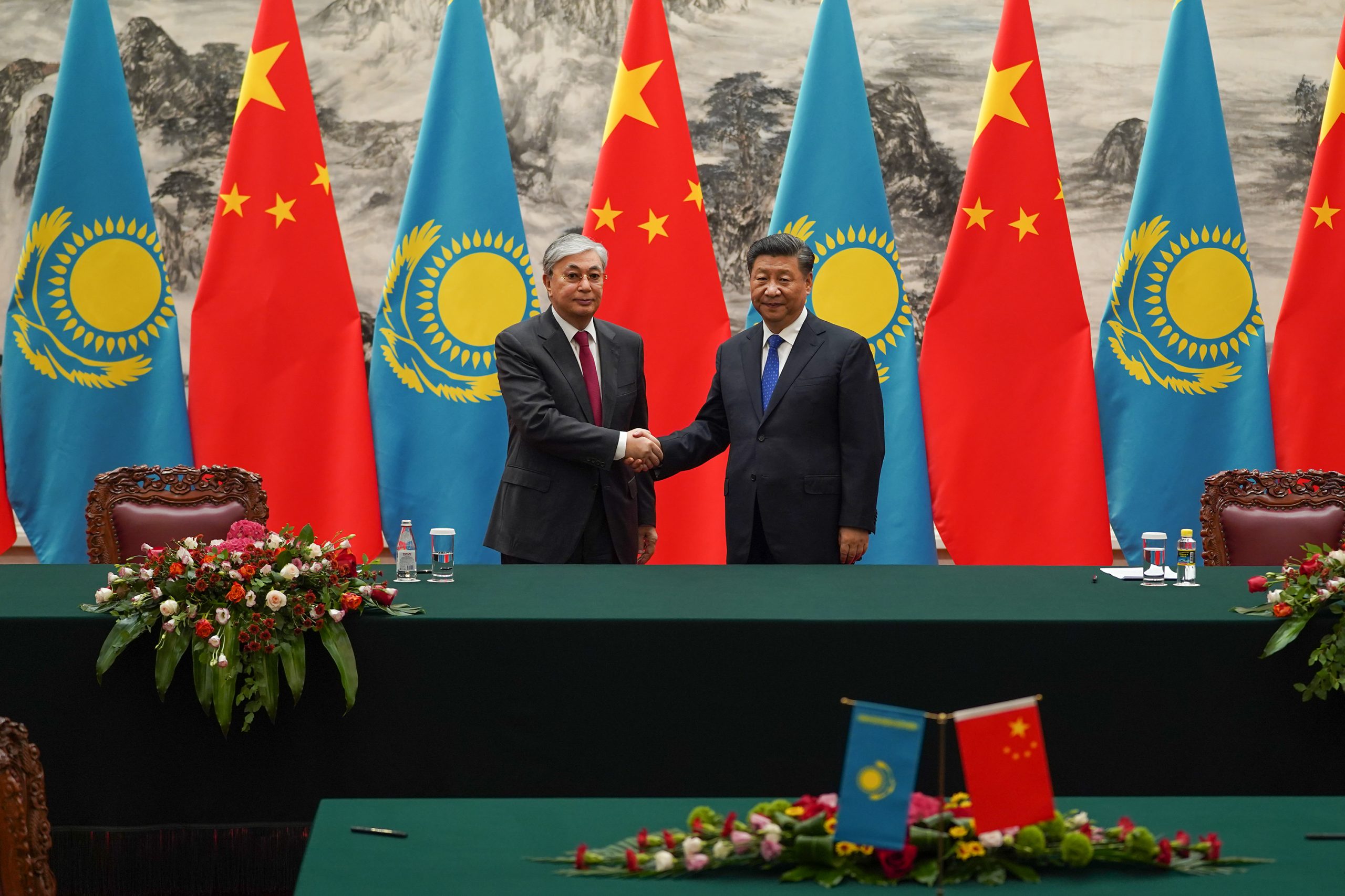 Sep. 11, 2019: Kazakh President Kassym Jomart Tokayev (left) in his first official visit to Beijing as head of state, meeting with Chinese President Xi Jinping (right). Their relationship is of growing strategic importance.